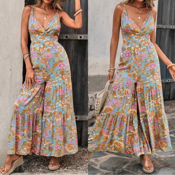 036 Boho Floral Print wide Leg cami jumpsuit - Picture 4 of 4